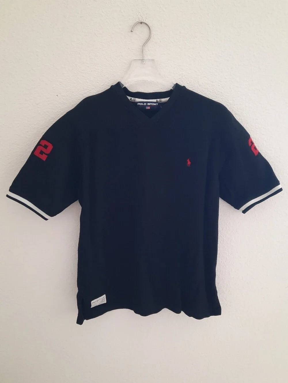 Ralph Lauren Polo Sport Black Short Sleeve V-Neck Shirt with Red Number 22